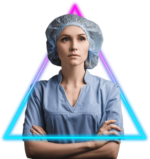 healthcare-hero-485x512 Confident female medical professional in scrubs and a surgical cap, framed by a neon triangle, symbolizing modern healthcare and innovation
